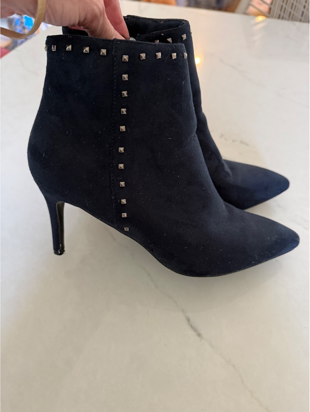 Nine West womans Suede Ankle Boots with Studded Trim and Pointed Toe, Size 9
